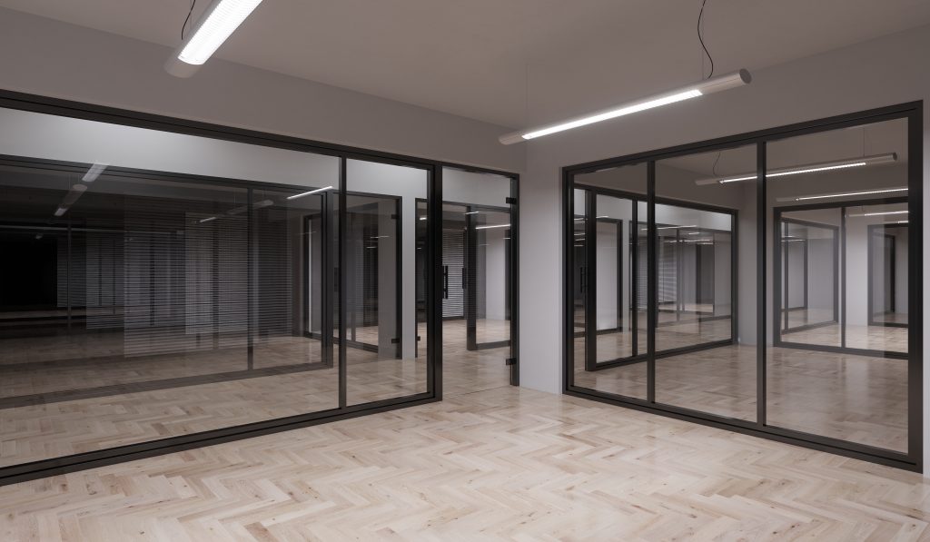 Cloison vitrée type atelier en aluminium installée à Challans – PROMEDEP Vitrerie