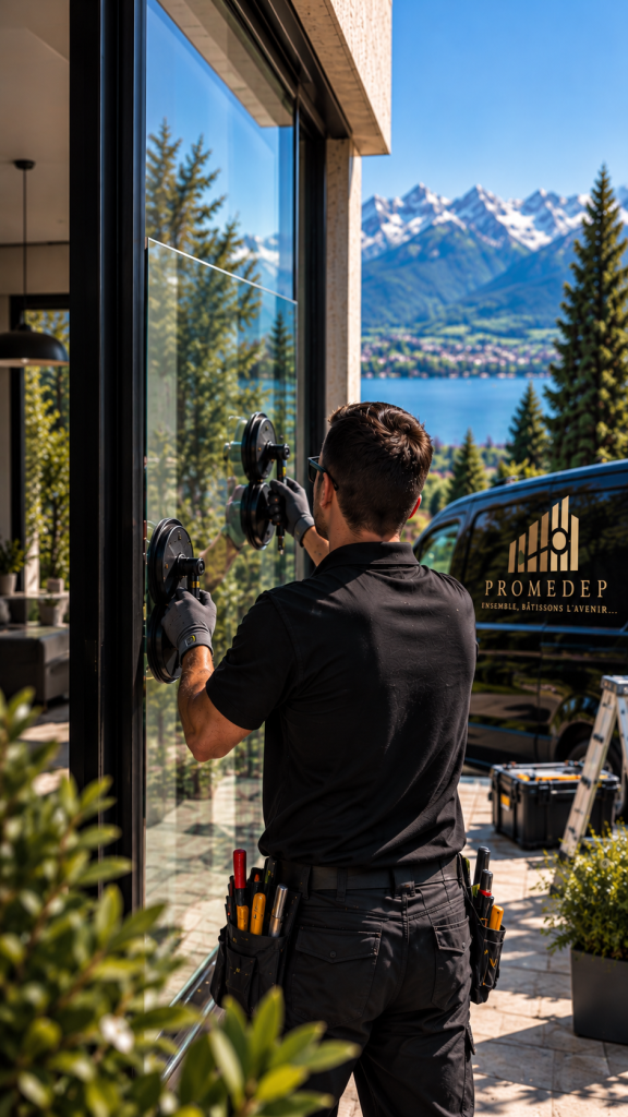 Vitrier installant un vitrage à Divonne-les-Bains dans le Pays de Gex, avec véhicule PROMEDEP Serrurerie.